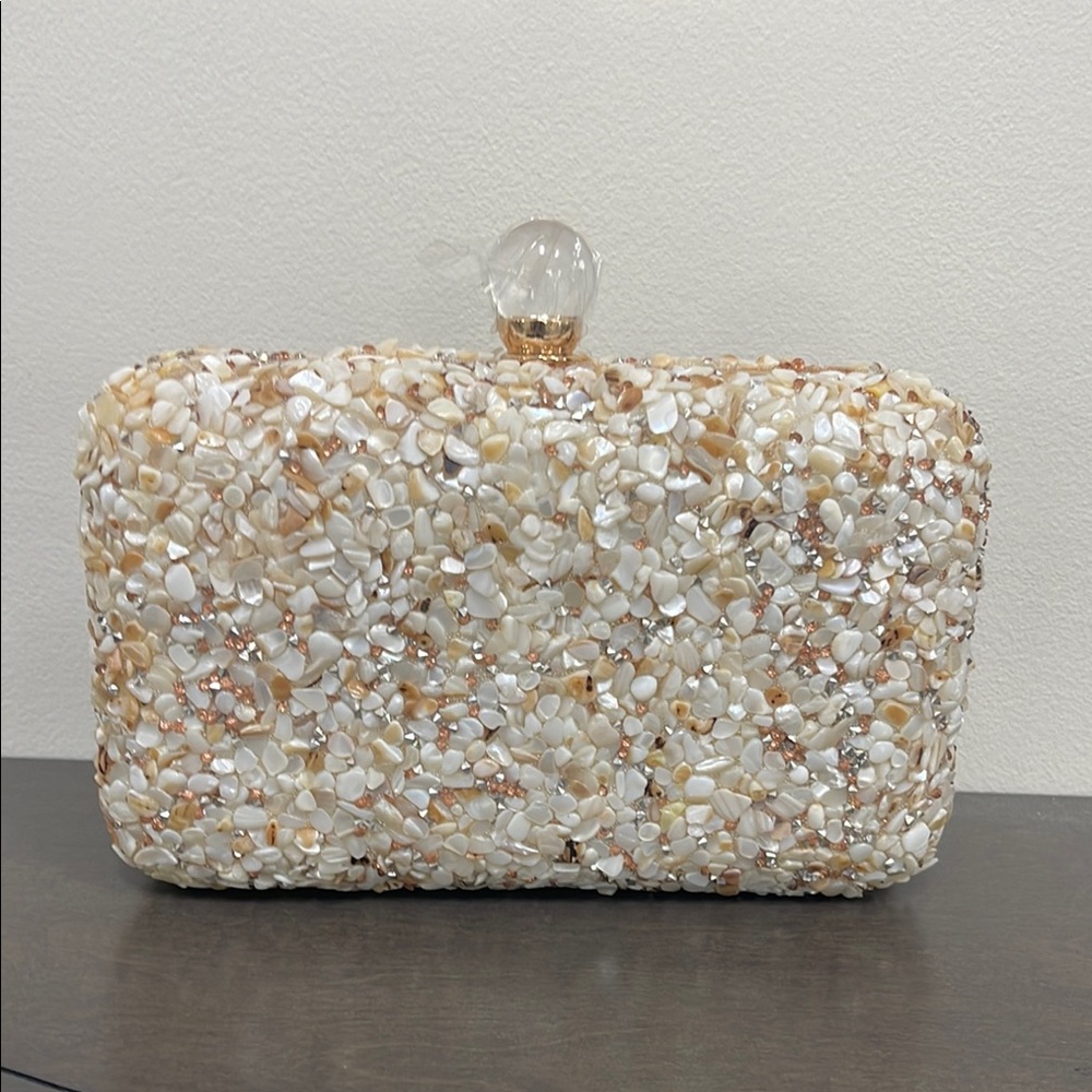 Cream and Tan Sparkling Clutch with Crystal Closure